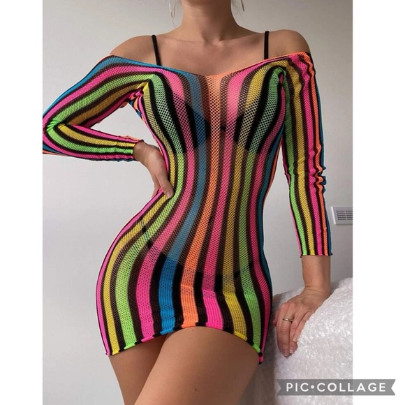 Other - Y2K Beach Festival Striped Colorful Hollow Out Mesh Cover Up